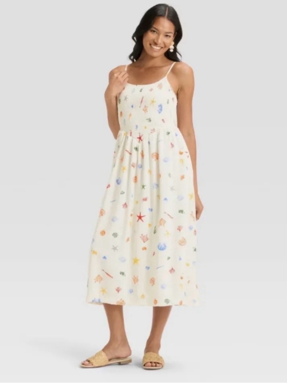 Cream Midi Sundress with Colorful Seashell Print